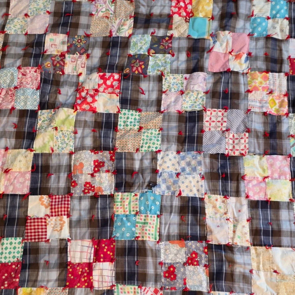 Vintage Handmade‎ Patchwork Quilt Plaid Floral 1960s Farmhouse Americana 70x86